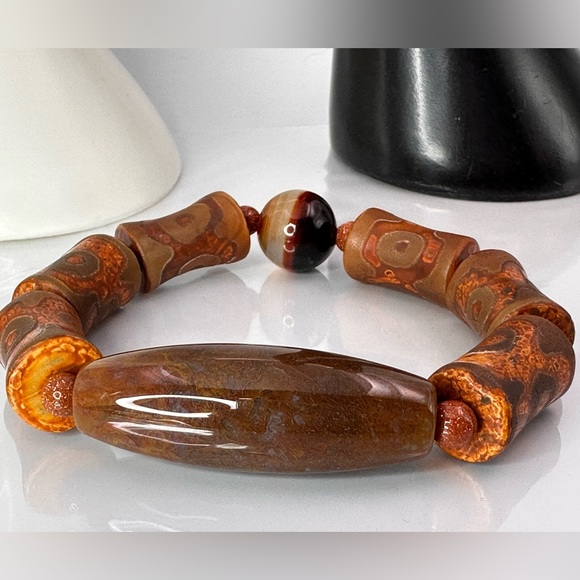 OCEAN JASPER + 3 EYE TIBETAN AGATE NATURAL STONES BRACELET size 7” - Picture 8 of 14